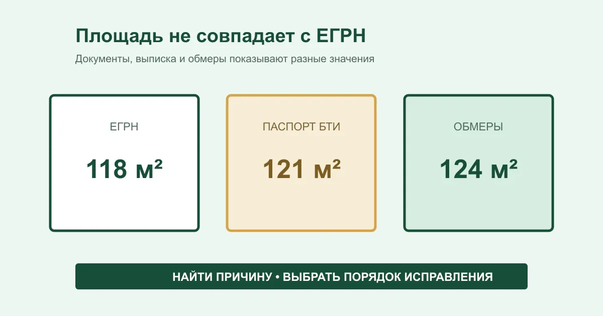 Сравнение площади по ЕГРН, документам и фактическим обмерам